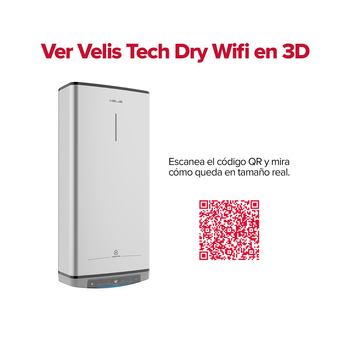 Ariston, Velis Tech Dry Wifi - Scaldabagno elettrico multiposizione, termico elettrico, 50 litri, con Wifi e funzione ECO-EVO 79,7 x 27,5 x 51,5 cm, per installazione in Spagna (classe energetica B)