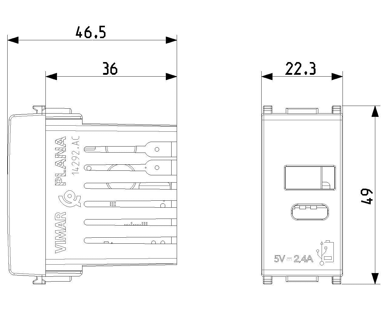 Vimar 14292.AC Plana Presa USB 5 V 2,4 A, 1 uscita USB tipo A e 1 tipo C, erogano complessivamente 2,4 A per caricare contemporaneamente due dispositivi