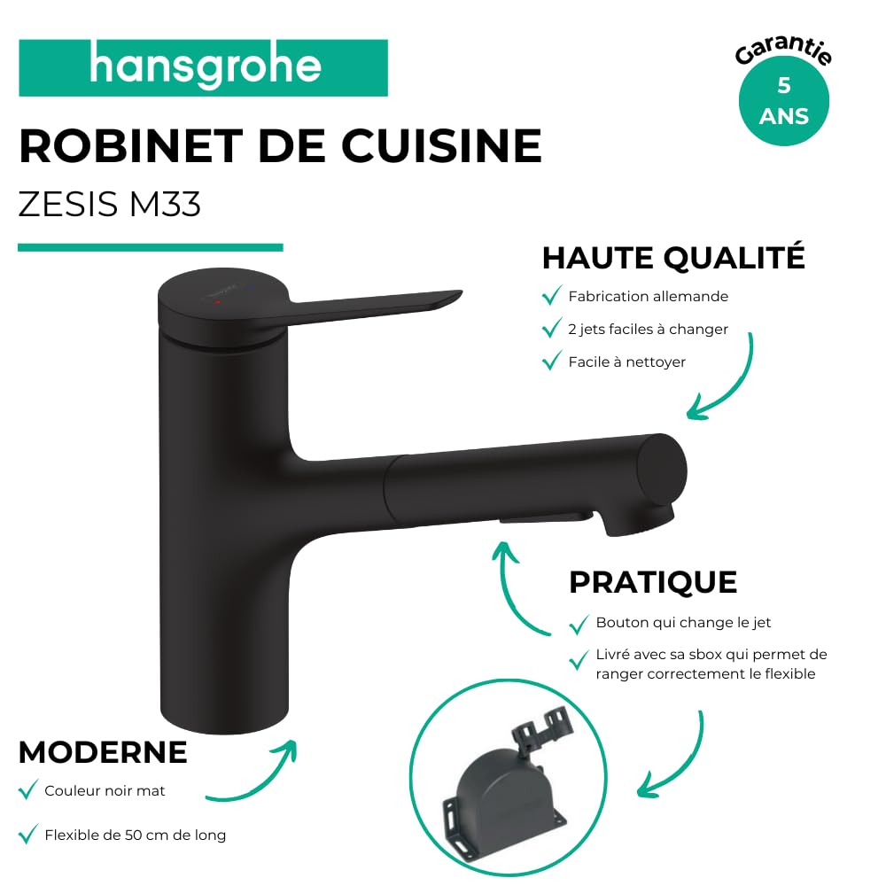 hansgrohe Zesis M33 Miscelatore monocomando cucina 150, doccetta estraibile, 2 tipi di getto, sBox lite, Nero Opaco, 74803670