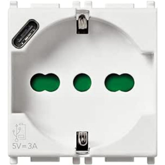 Vimar 14210 Plana Presa 2 Moduli SICURY 2P+T 16 A 250 V Universale Standard Italiano P40 e Uscita USB Tipo C 5V e 3 A per la Ricarica Rapida, Bianco