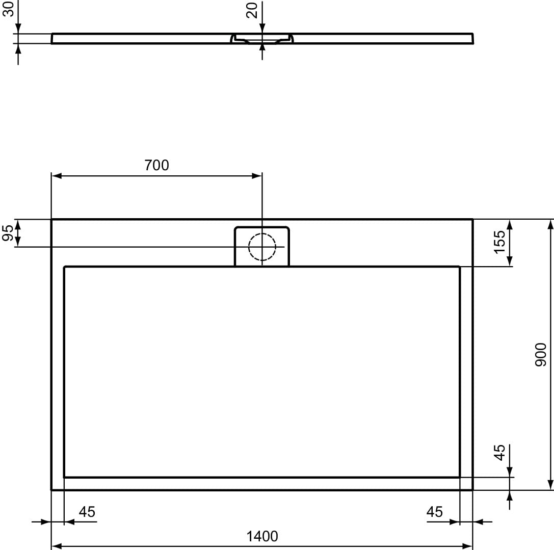 Ideal Standard - Ultra Flat S i.life, Piatto doccia rettangolare 140x90 in resina, Piletta di scarico lato lungo, Finitura opaca effetto pietra, Bianco