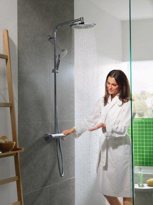 hansgrohe Crometta S - Colonna Doccia a Risparmio Idrico (Ecosmart) con Termostatico, Sistema Doccia a Pioggia (⌀ 240 Mm) con Rubinetto, Doccetta (2 Getti), Tubo, Asta e Soffione Doccia Tondo, Cromo