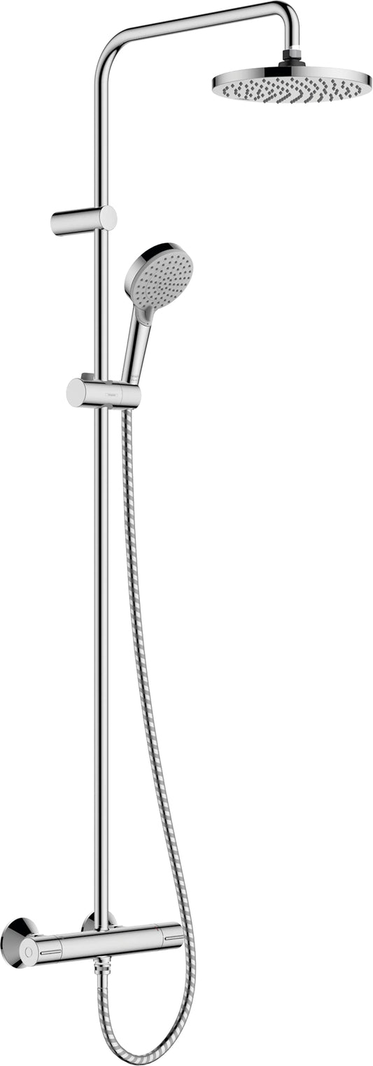 hansgrohe Vernis Blend - Colonna doccia con miscelatore termostatico, Sistema doccia (⌀ 205 mm) con rubinetto, doccetta (2 getti), tubo, asta e soffione doccia tondo, cromo, 26276000