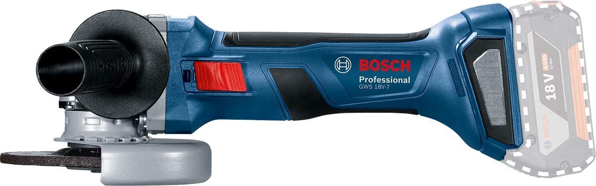 Bosch Professional 18V System Smerigliatrice Ang. a Batteria Gws 18V-7 (Ø Disco 125Mm, Cuffia di Prot.,Impug. Suppl.,Flangia di Mont.,Dado di Serr. Rapido, senza Batterie e Caricabatterie)