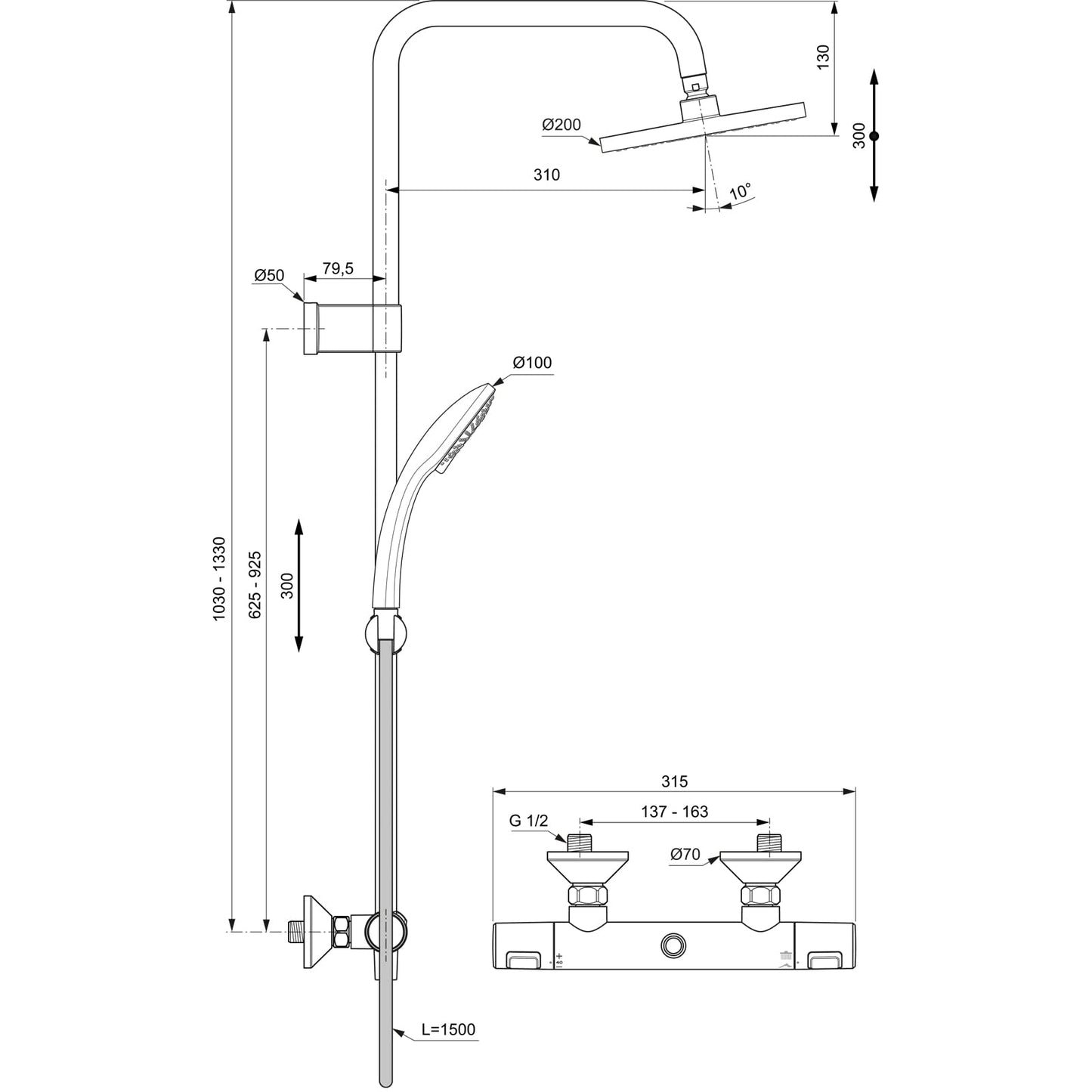 Ideal Standard - Ceratherm T25 Flex Colonna doccia con termostatico esterno, Cromato