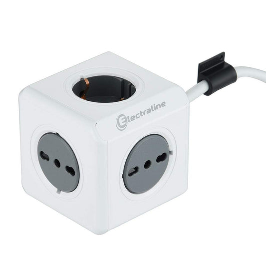 Electraline 62044 Multipresa Cubo Powercube 5 posti 2 Schuko + Spina Italiana, 3 Bivalenti 10/16A Italiane, Colore Bianco, Cavo 1,5M