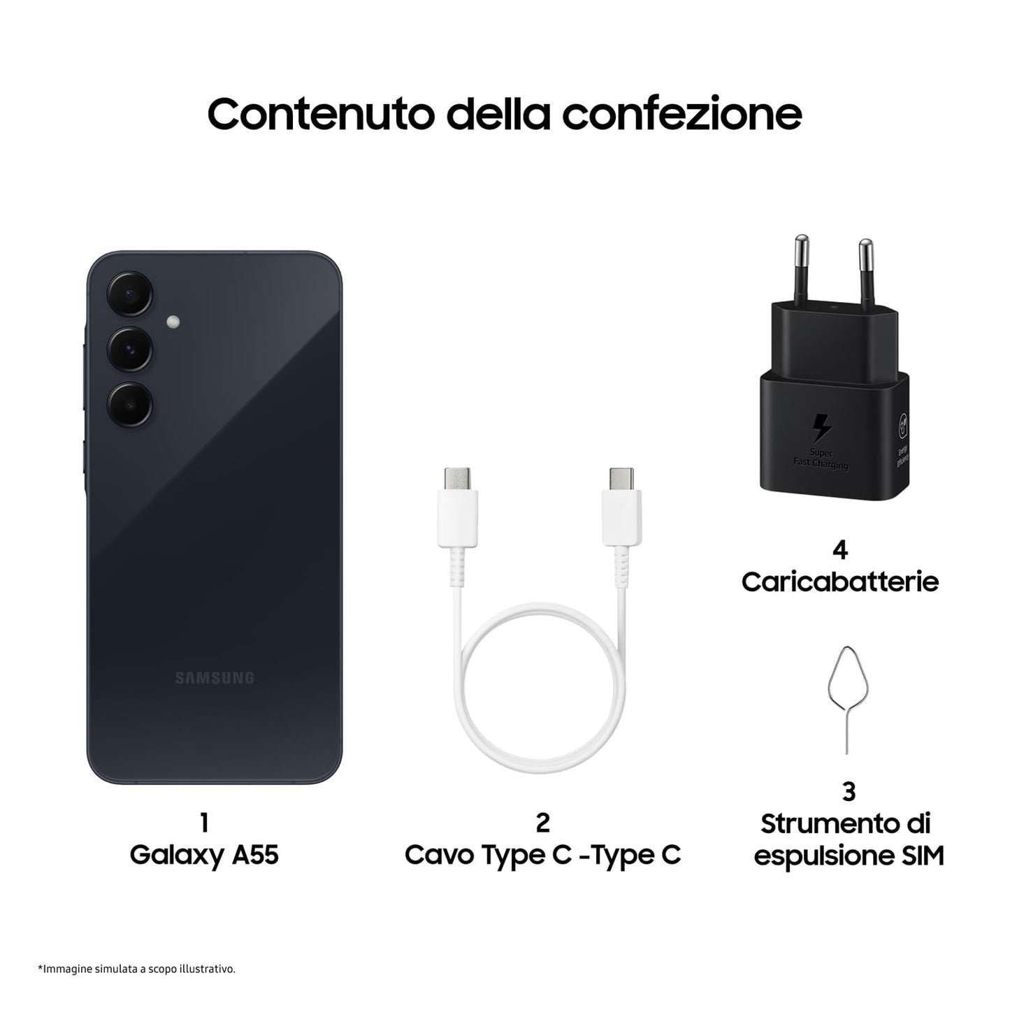 Samsung Galaxy A55 5G, Caricatore incluso, Smartphone Android 14, Display FHD+ Super AMOLED 6.6”, 8GB RAM e 128GB di memoria interna espandibile, Batteria 5.000 mAh, Awesome Navy [Versione Italiana]