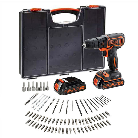 BLACK+DECKER BDC718AS2O-QW - Trapano avvitatore a batteria, 20 250 cps/min a 2 velocità, 80 accessori, fornito in organizzatore, 18 V, 2 batterie