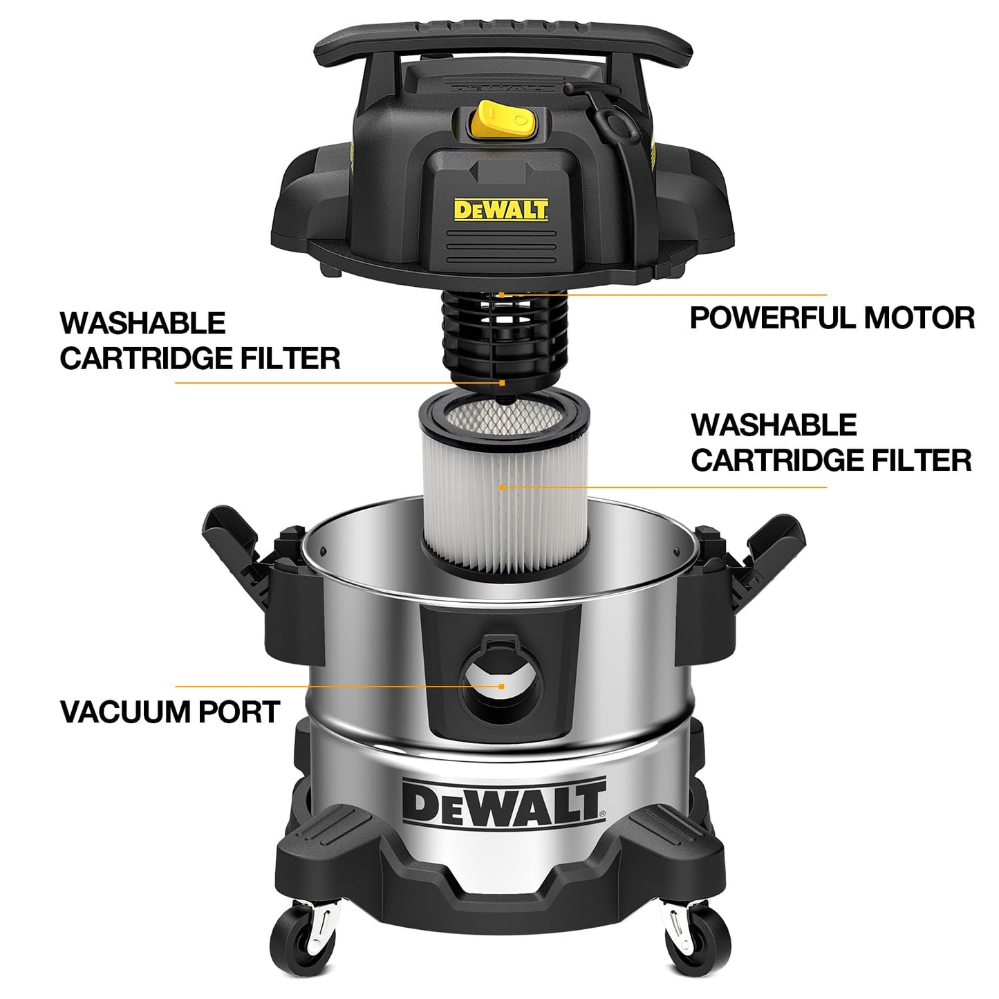 DeWalt Aspirapolvere per Solidi e Liquidi, Aspirapolvere Professionale in Acciaio Inossidabile, 25L,1050 W, DXV25S, Argento