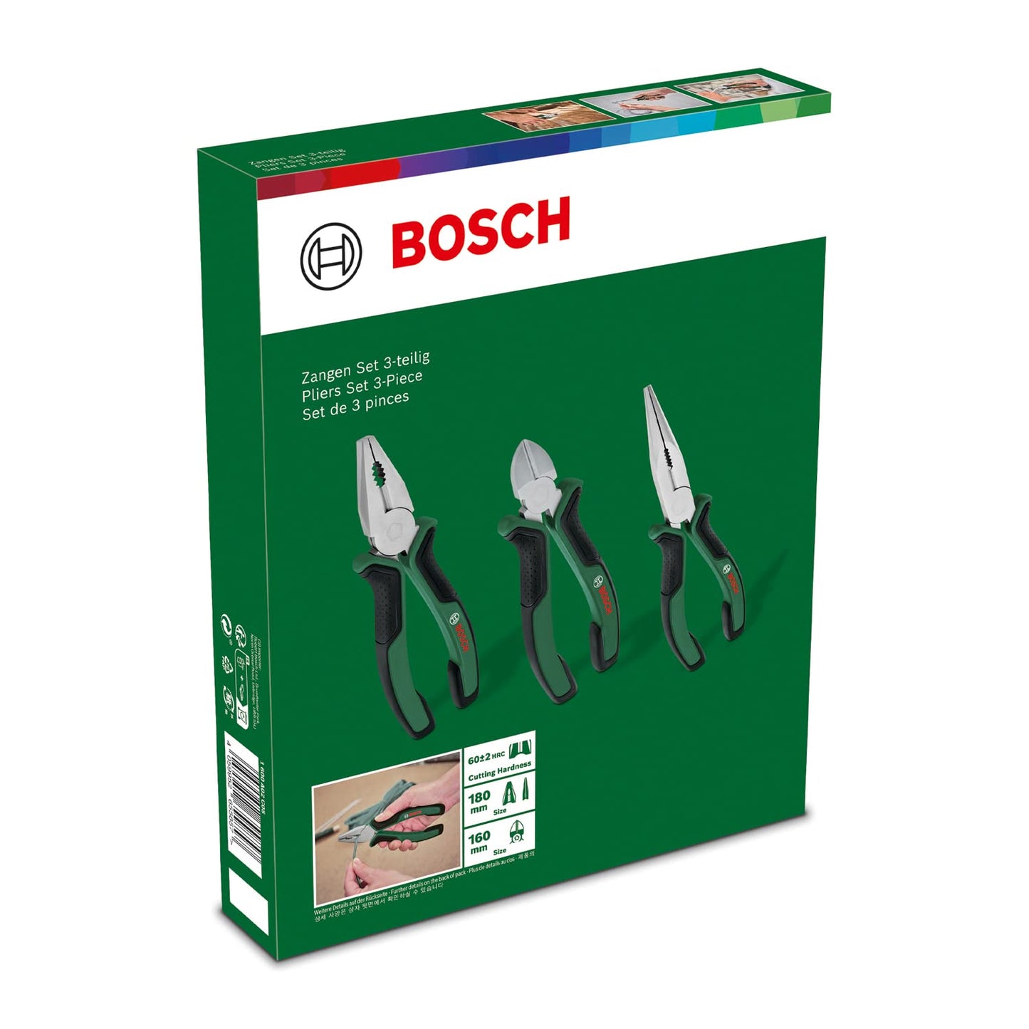 Bosch Set di Pinze 3 Pezzi, 3 Pinze Combinate, Taglierina Laterale Diagonale, Pinze Becco Lungo e di Lunga Durata, Multifunzione, Ergonomiche, Superficie Cromo-Nichel Opaca