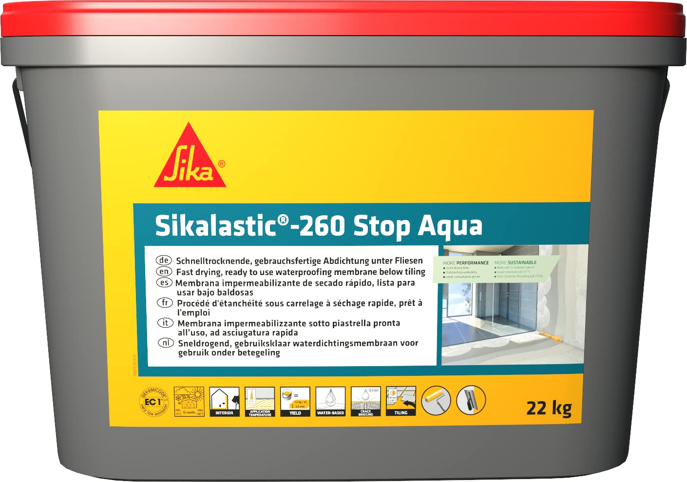 SIKA - Sikalastic-260 Stop Aqua, rivestimento impermeabilizzante sotto piastrelle ideale per bagno, cabina doccia, asciugatura rapida, pronta all'uso, 22 kg