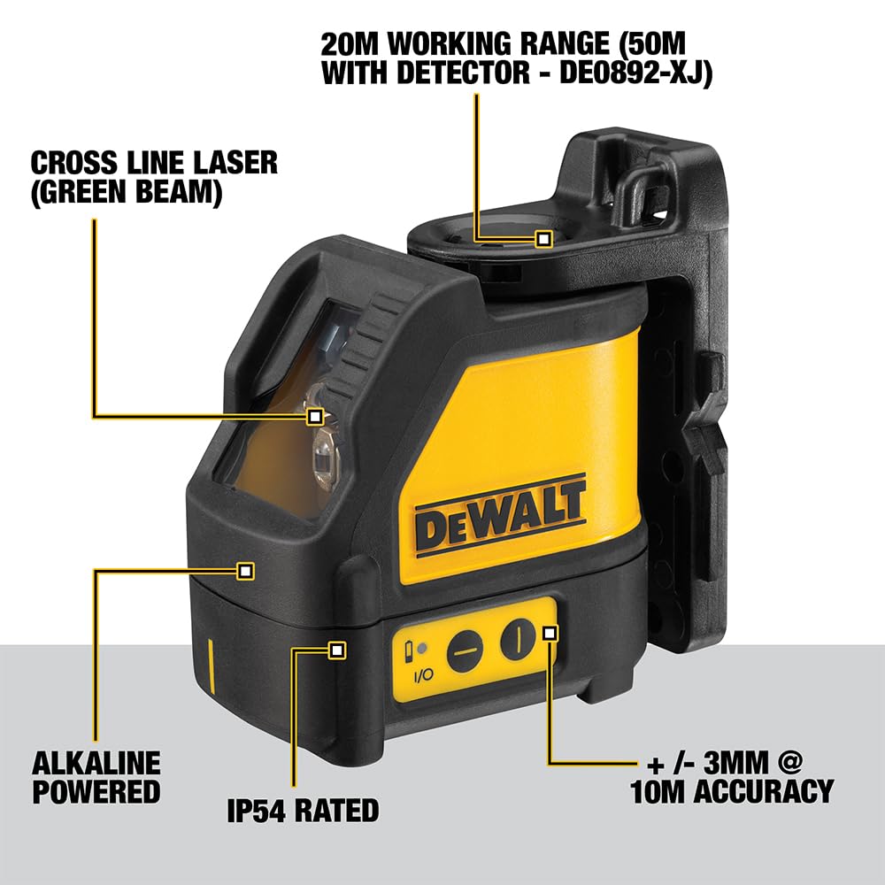 DEWALT DW088CG-XJ, Tracciatore laser con raggio verde, classe 2. 2 linee a croce orizzontale e verticale. Precisione +/- 3mm a 10 metri. Raggio di utilizzo 30 metri. 3 x alcaline tipo AA