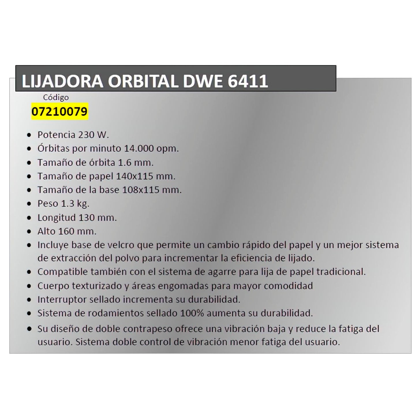 DEWALT Levigatrice orbitale 230W 1/4 foglio 14000 orb, DWE6411-QS