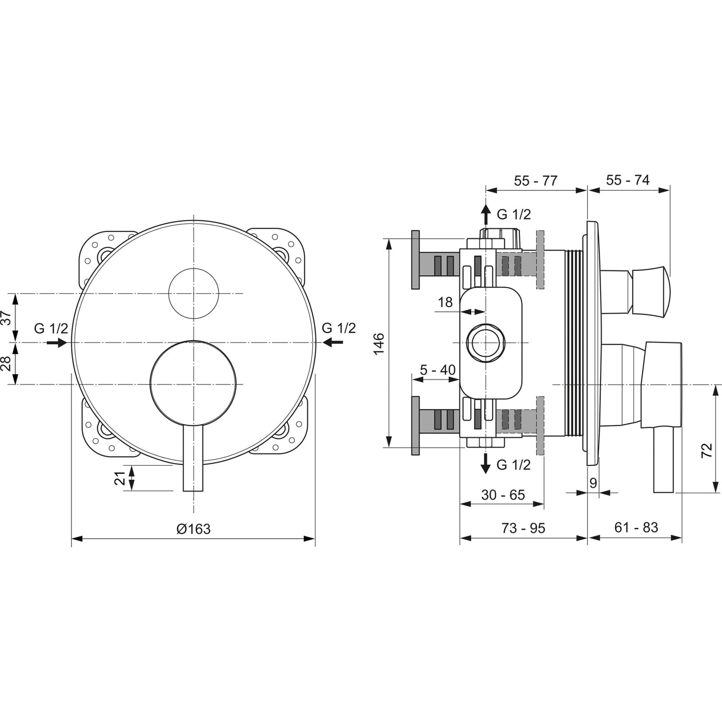 Ideal Standard - Ceraline, Miscelatore monocomando per vasca o doccia ad incasso, Due vie, Cromato