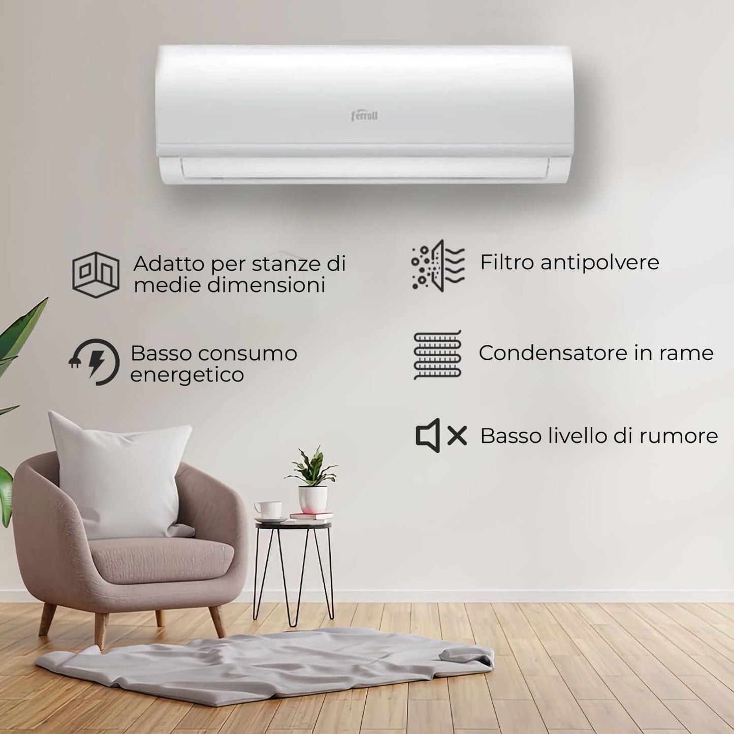 Condizionatore Monosplit Ferroli 9000 BTU AMBRA S Inverter con Unità Interna ed Esterna - Auto Pulizia e Telecomando con App - Pompa di Calore - R-32 Wi-Fi - Classe Energetica A++