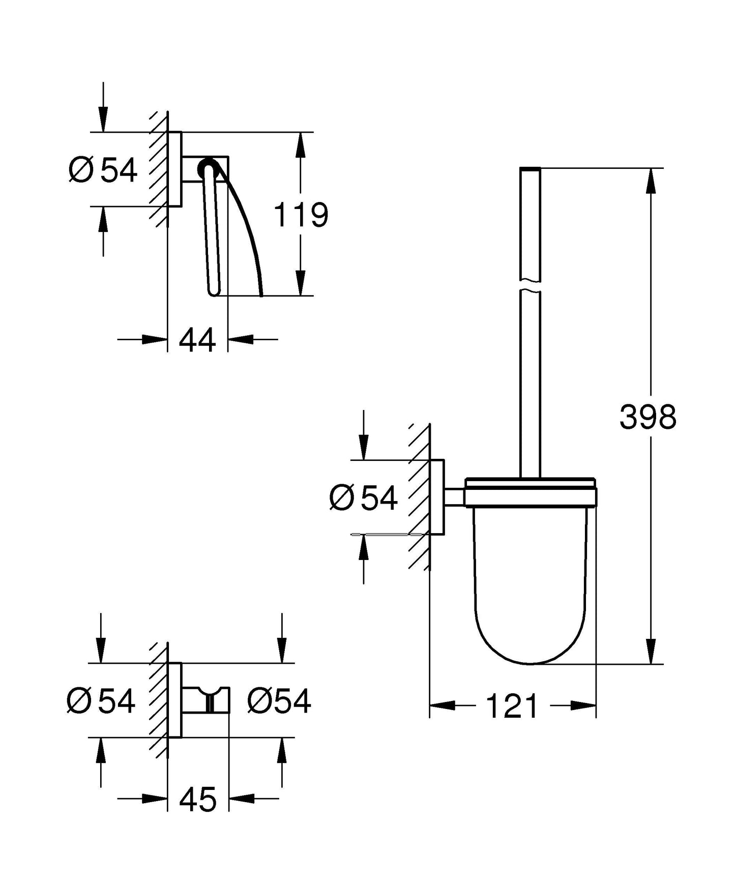 GROHE Quickfix Start, Set Accessori Bagno 3 in 1 Portarotolo con Coperchio, Scopino Per WC, Gancio Per Accappatoio, Estremamente Facile da Montare Quickglue, Nero Opaco, 412042430