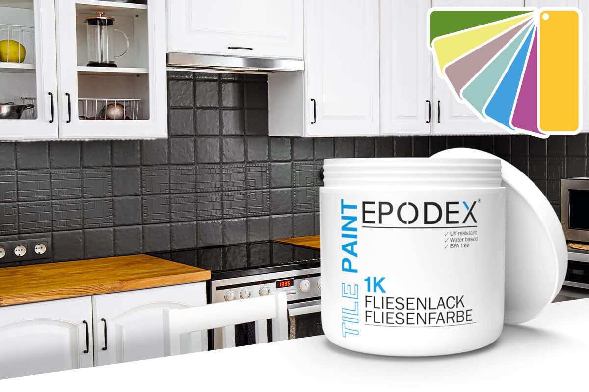 EPODEX® 1K TILE PAINT | Vernice per piastrelle | Colore per piastrelle da parete e soffitto del bagno cucina | 45 colori bianco colorato | inodore senza solventi, resistente all'abrasione | sconto