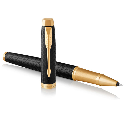 PARKER 1931660 IM Premium Penna Roller, Punta Fine e Ricarica di Inchiostro Nero, Black Golden Trim