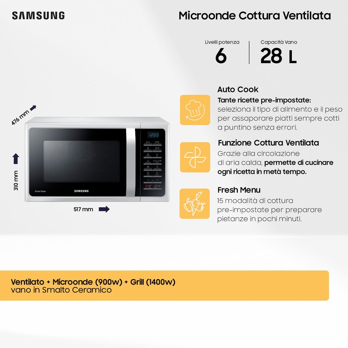 Samsung ‎MC28H5015AW/ET Forno a Microonde Combinato a Libera installazione, Cottura Ventilata, Microonde + Grill 900 W + 1500 W, Bianco, 51.7 x 31 x 47.48 cm