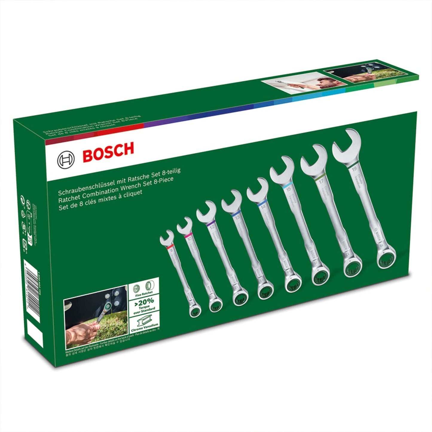 Bosch Set di chiavi a cricchetto da 8 pezzi, prestazioni ottimi e ottima praticità con set di chiavi, resistenti alla ruggine, indicazione delle dimensioni con codifica cromatica