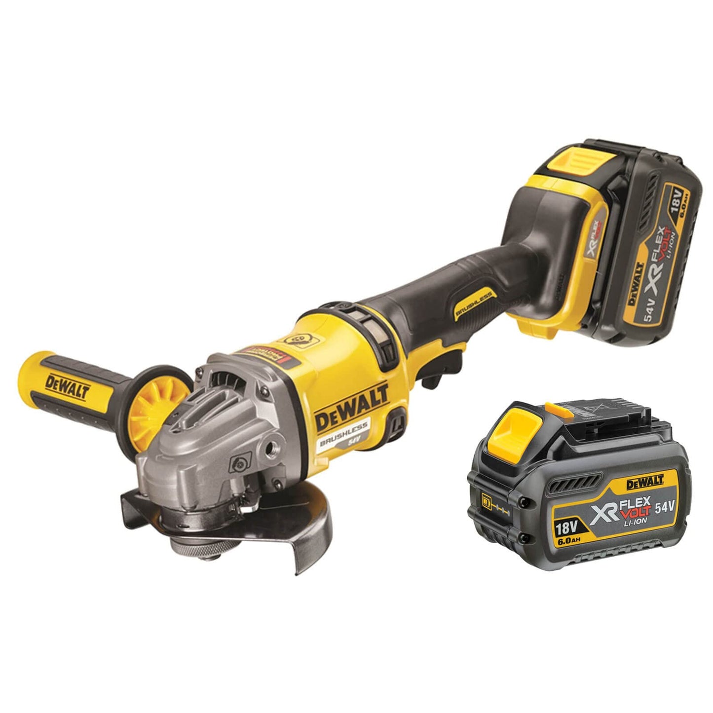 DEWALT- smerigliatrice DCG414T2-GB XR FLEXVOLT, cordless, con 2 batterie 6 Ah, 54 V, colore giallo / nero, 125 mm, set da 7 pezzi