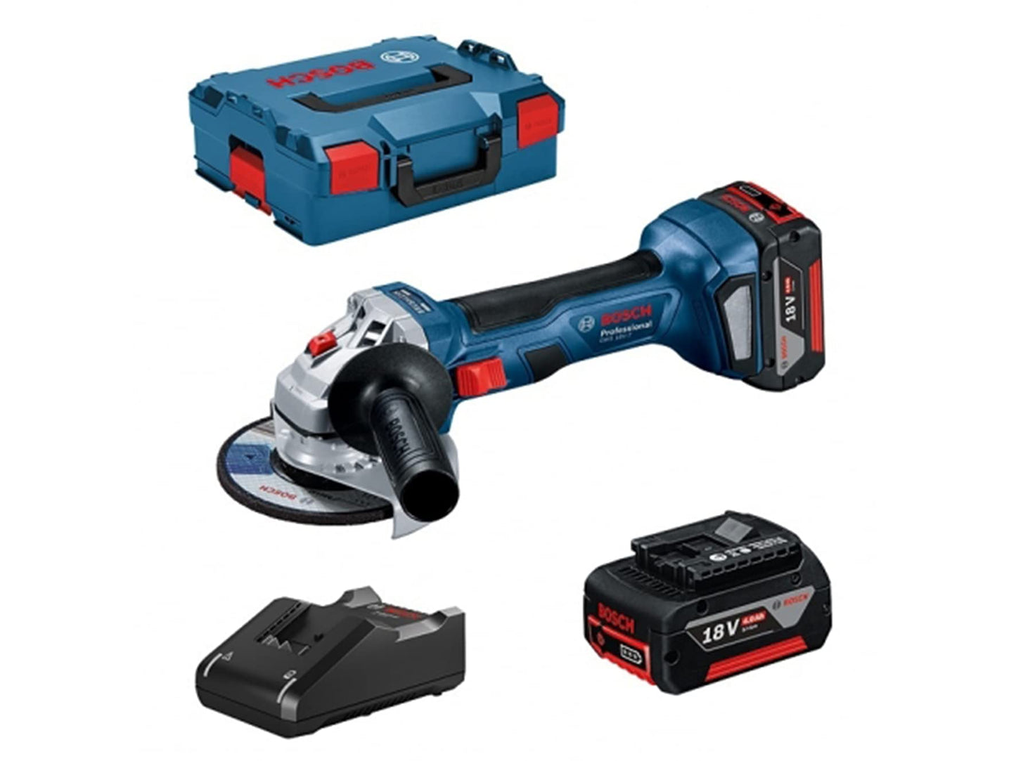 Bosch Professional 18V System Smerigliatrice angolare a batteria GWS 18V-7 (Ø disco 125 mm, incl. 2 batt. 4,0Ah, GAL 18V-40,impugn. suppl., L-BOXX)