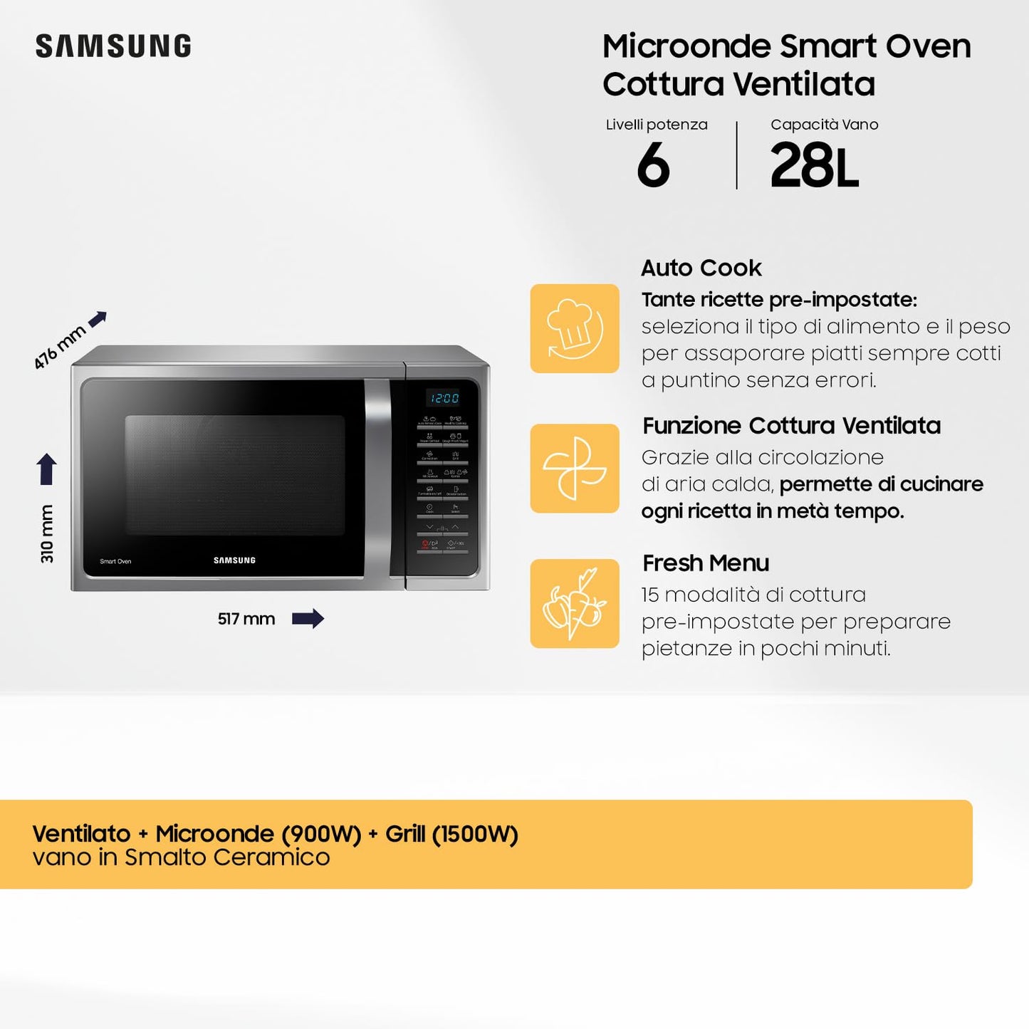 Samsung Forno a Microonde Combinato a libera installazione SmartOven MC28H5015AS/ET, Cottura Ventilata, Microonde + Grill 900 W + 1500 W, 28 L, 52l x 47h x 31p cm, Argento