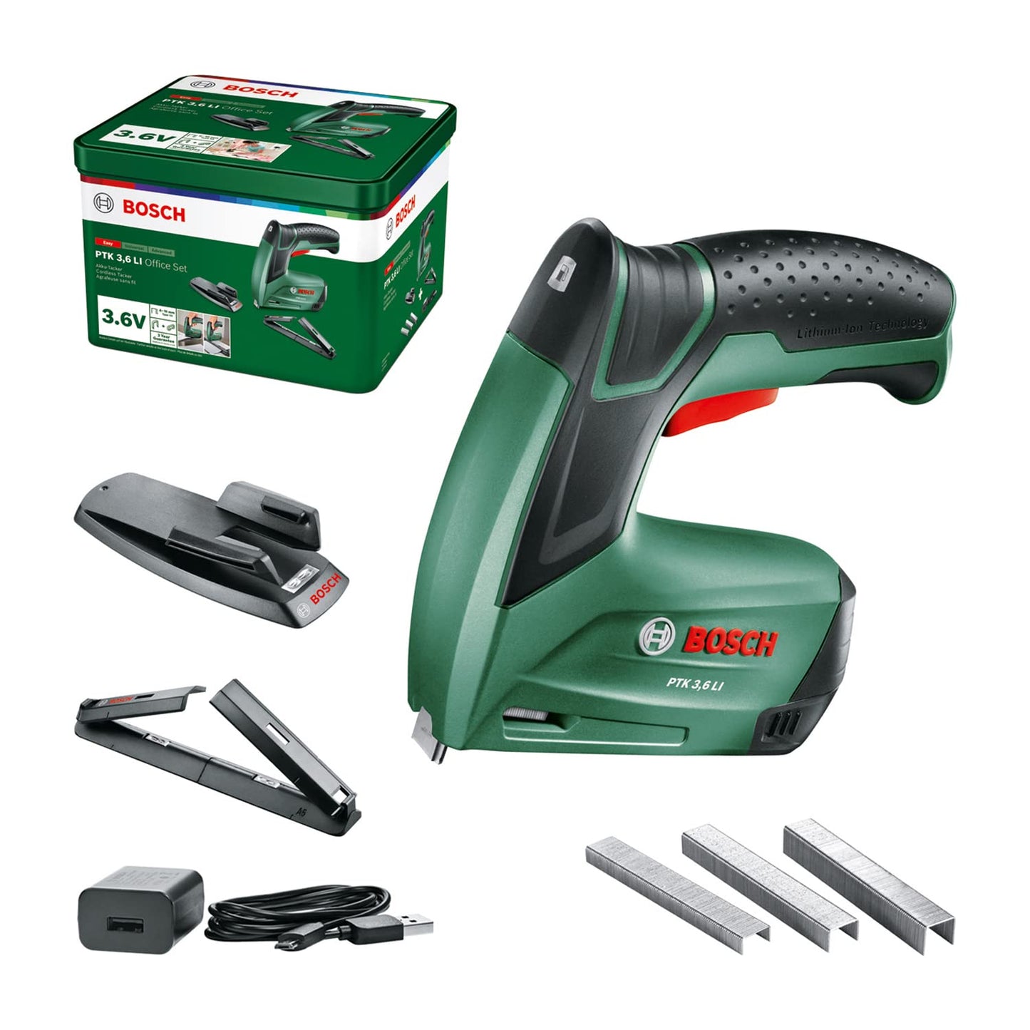 Bosch Graffatrice a batteria PTK 3.6 LI Office Set con cucitrice per carta e cucitrice per fascicoli, batteria integrata, 3.6 Volt, set di cucitrici, 30 colpi/min, in scatola metallica