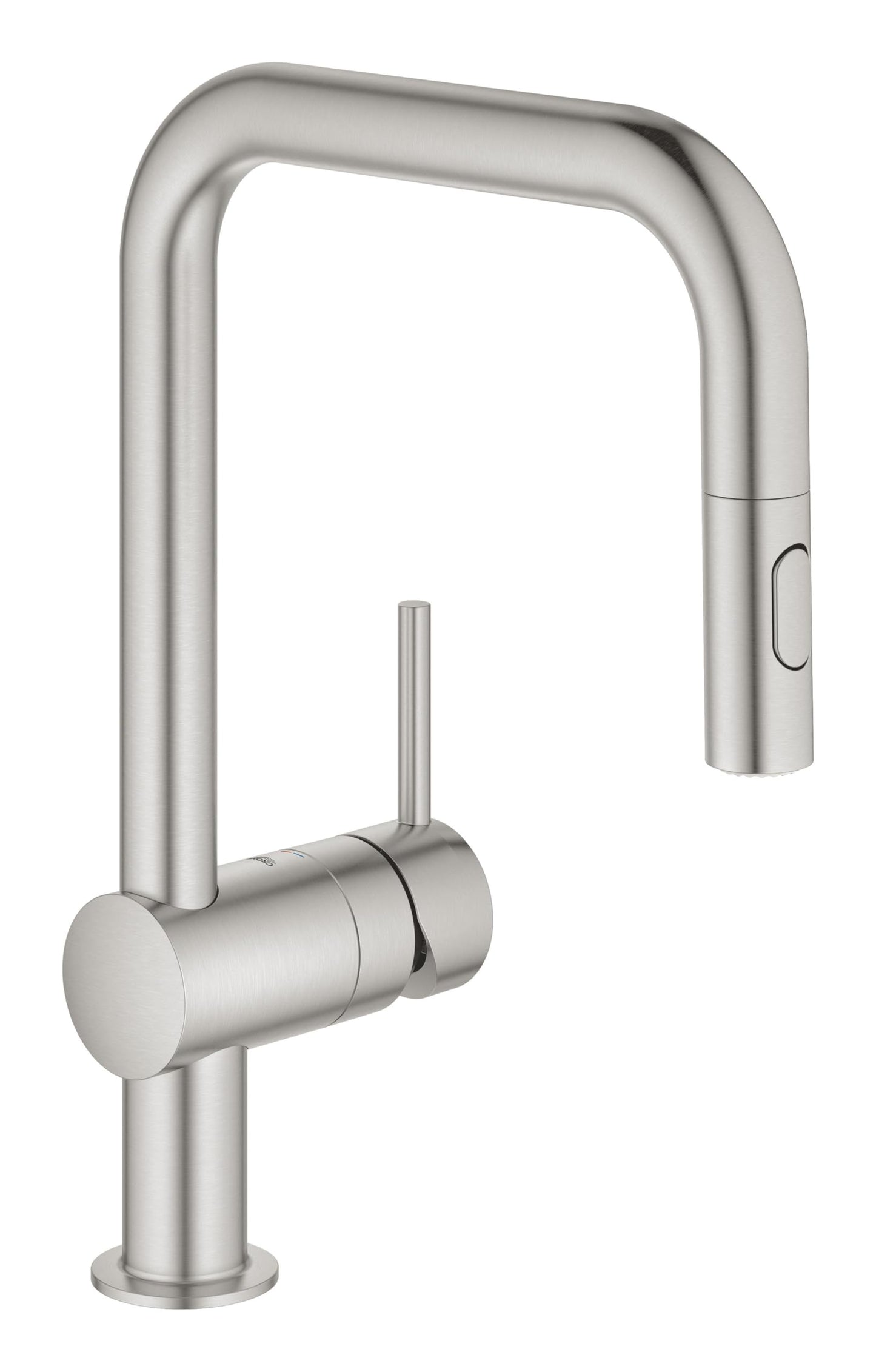 GROHE Minta - Miscelatore monocomando da cucina con doccetta estraibile (2 getti, bocca a U, raggio di rotazione a 360°, cartuccia in ceramica da 46 mm), Supersteel, 32322DC2