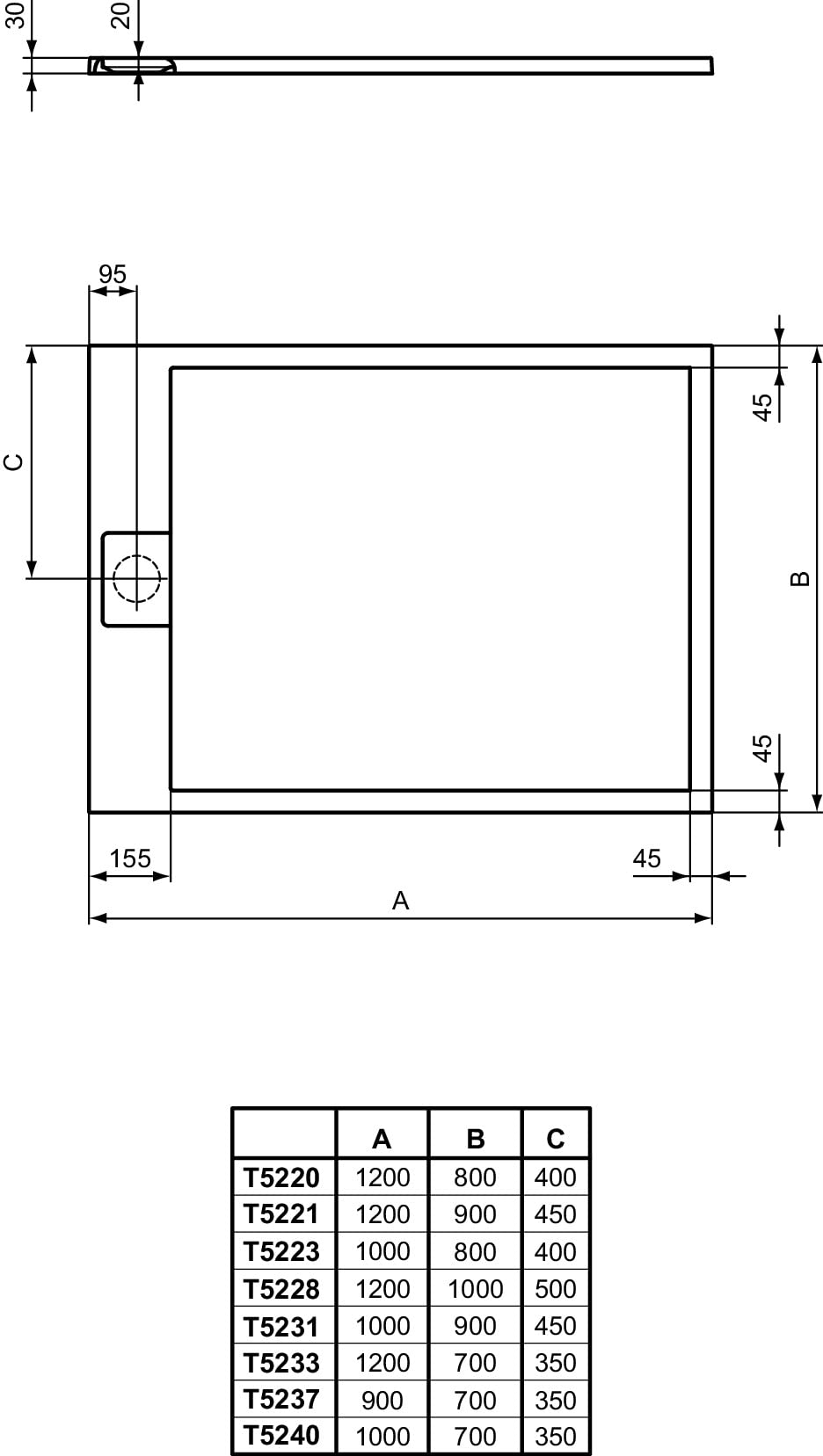 Ideal Standard - Ultra Flat S i.life, Piatto doccia rettangolare 120x80 in resina, Piletta di scarico lato corto, Finitura opaca effetto pietra, Bianco