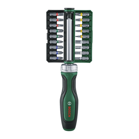 Bosch Set di avvitatori a cricchetto 19 pezzi (ad alta coppia, coppia massima 36 Nm, ingranaggio a 36 denti, portapunte magnetico, impugnatura morbida ergon., 18 punte d'acciaio S2, clip)