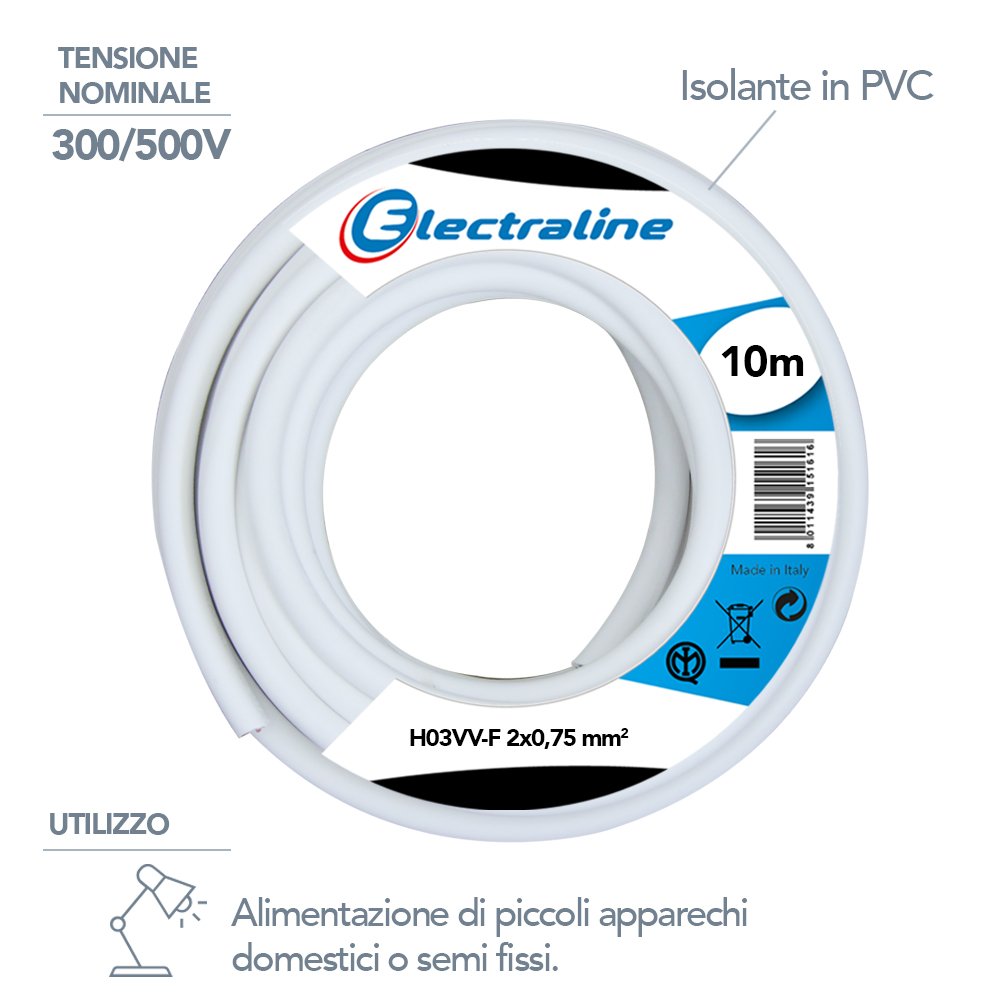 Electraline 11181 Cavo per prolunghe ed elettrodomestici H03VV-F Sezione 2x0,75 mm² - 10 mt - bianco