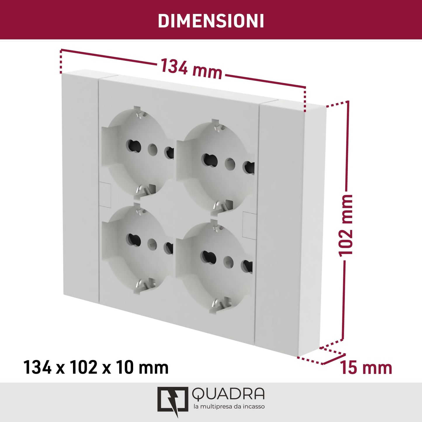 Electraline 22105 Multipresa da incasso Quadra 4 Posti Universali P40, compatibile con tutte le scatole da incasso 3 posti (muratura o cartongesso)