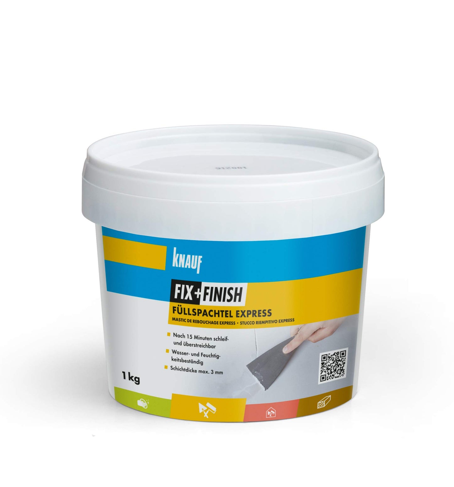 Knauf FIX + FINISH Spatola di riempimento Express per stuccare fori o crepe – Spatola per riparare superfici dure e sottili, impermeabile e resistente all'umidità, bianco, 1 kg