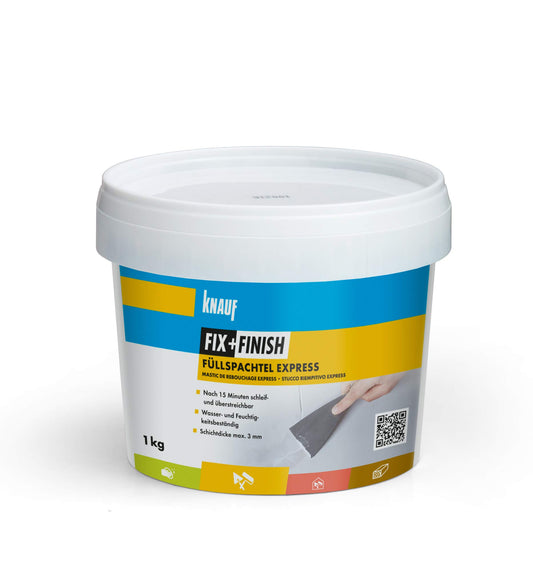 Knauf FIX + FINISH Spatola di riempimento Express per stuccare fori o crepe – Spatola per riparare superfici dure e sottili, impermeabile e resistente all'umidità, bianco, 1 kg