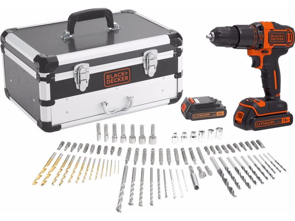 BLACK+DECKER BDC718AS2F Trapano avvitatore a percussione con doppia batteria 18V in valigetta premium con cassetto comprensiva di set 80 accessori confezionati in due giftset estraibili