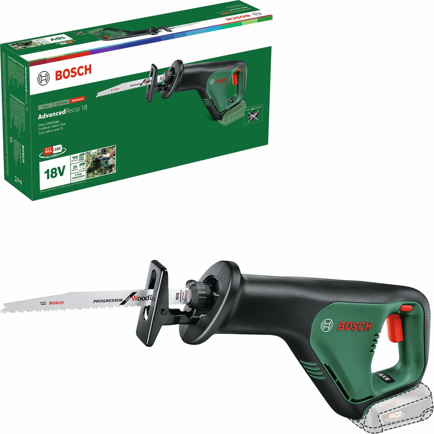 Bosch Home And Garden 06033B2402 Sega Universale Advancedrecip 18, Senza Batteria, Sistema Da 18 Volt, Confezione In Cartone, 18 V, Green