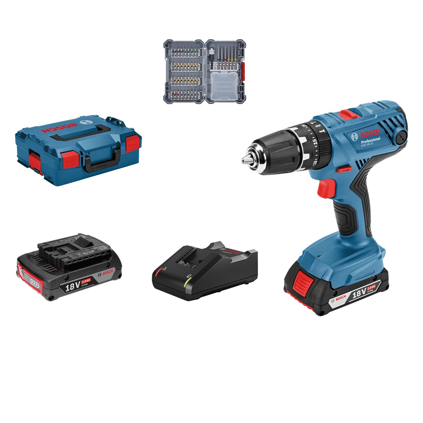 Bosch Professional Sistema 18V Trapano Avvitatore Con Percussione GSB 18V-21, Incl. Batteria 2x2.0 Ah, Set Di Accessori Da 40 Pz., In L-BOXX 136, Amazon Exclusive Set