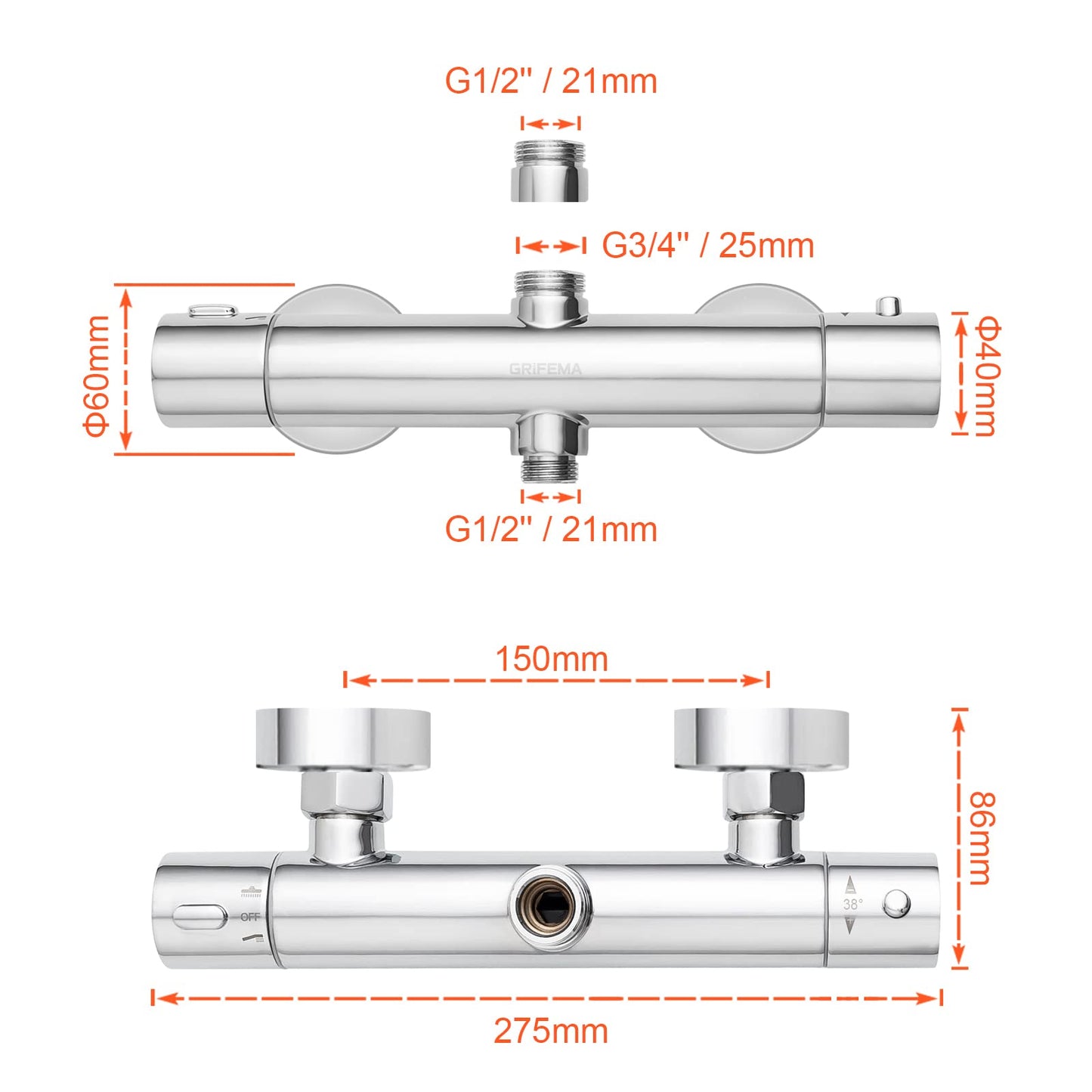 GRIFEMA G17005 Berlin-Rubinetto Miscelatore Termostatico per Sistema-Colonna Doccia, Cromo, Argento [Exclusiva Amazon]