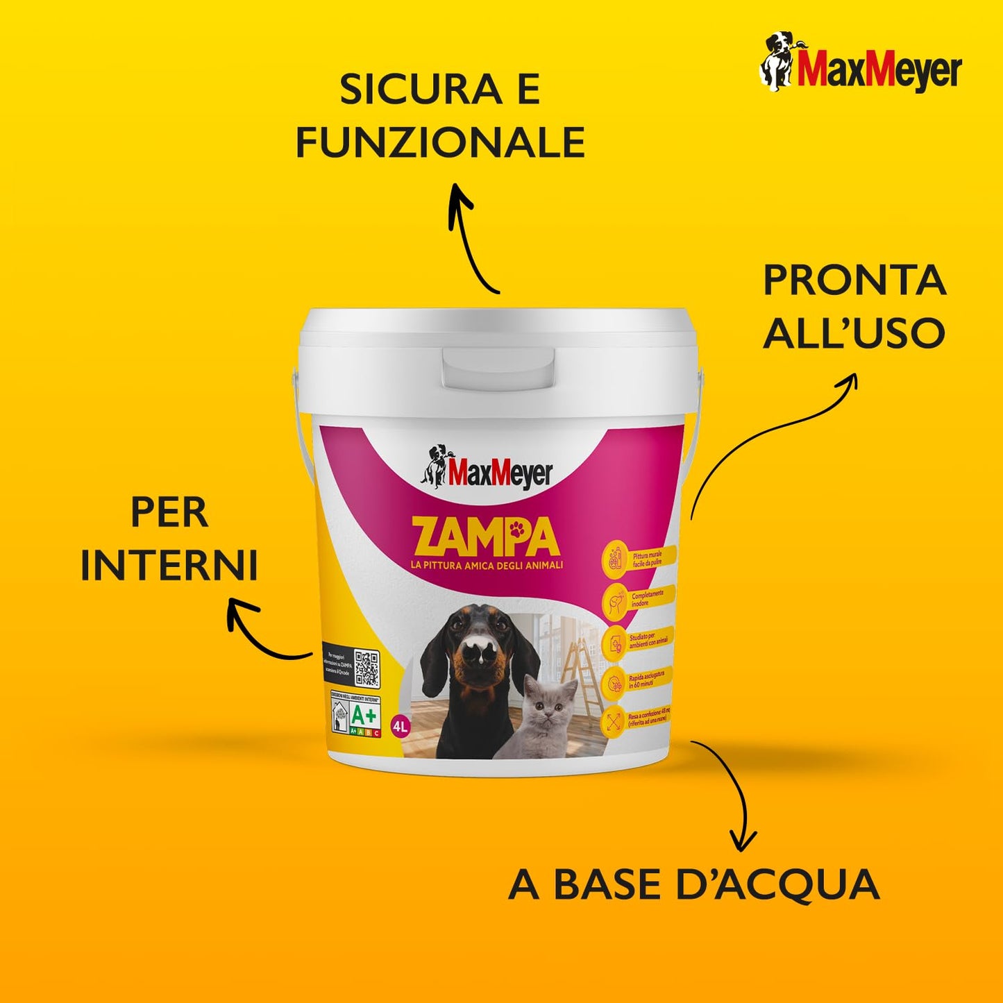 Maxmeyer, Pittura per interni Zampa Bianca ideale per ambienti con animali domestici - soluzione pronta all'uso, facile da applicare, ad asciugatura rapida e smacchiabile, 4 litri