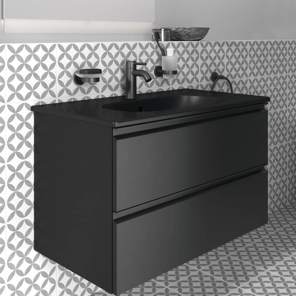 Ideal Standard - Tesi, Lavabo top da 80cm per installazione a muro, Lavandino 825x450x165 mm con foro centrale per la rubinetteria e troppopieno, Nero seta