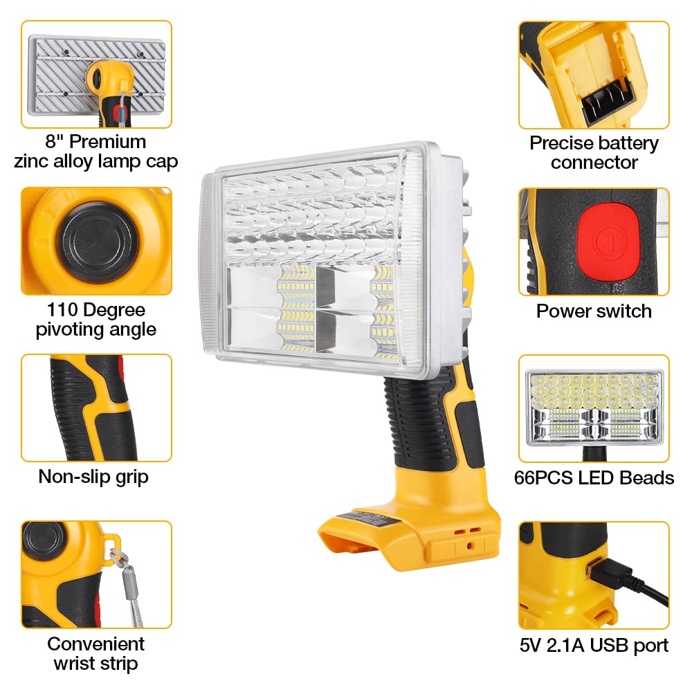 Faretto da lavoro a LED senza fili a lungo raggio con USB compatibile con Dewalt 18V batteria al litio, torcia da esterno multifunzione Hipoke 30W 3300LM, testa in lega di zinco girevole a 110 gradi