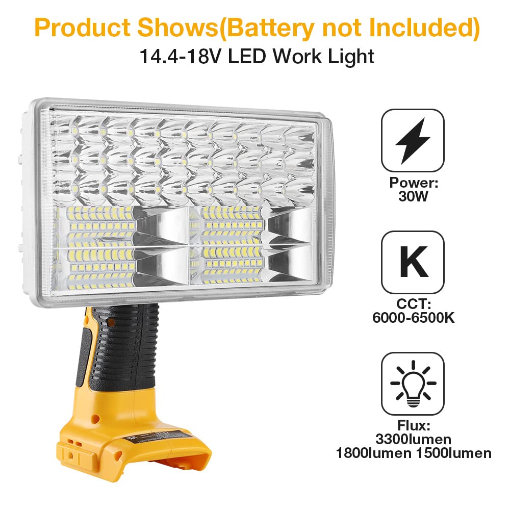 Faretto da lavoro a LED senza fili a lungo raggio con USB compatibile con Dewalt 18V batteria al litio, torcia da esterno multifunzione Hipoke 30W 3300LM, testa in lega di zinco girevole a 110 gradi