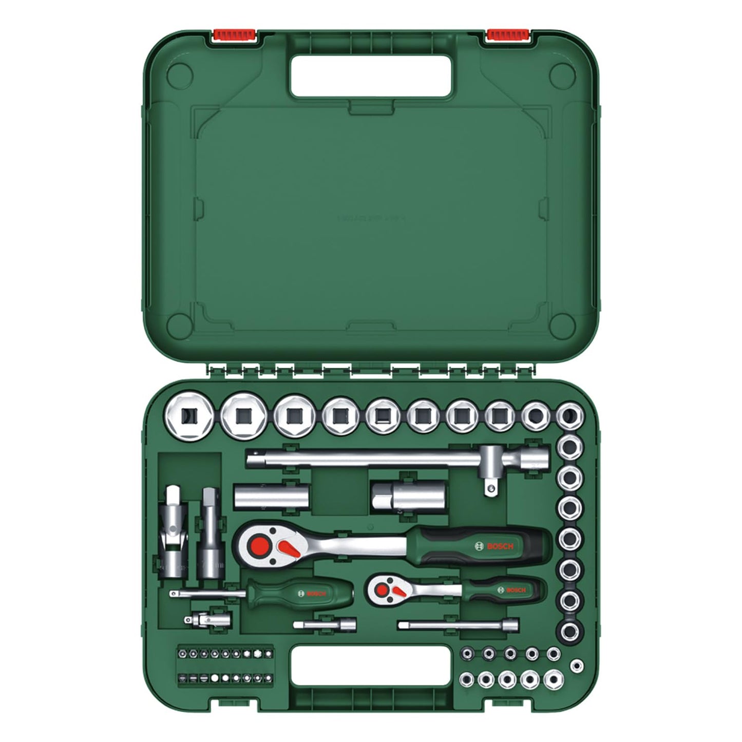 Bosch Set di cricchetti da 1/4" + 1/2" da 57 pezzi (2 potenti cricchetti per diversi lavori, coppia elevata, pulsante di blocco, interruttore di direzione, collo curvo, custodia per il trasporto)