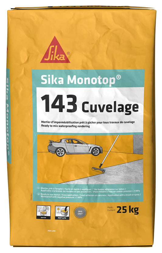 SIKA - Malta impermeabilizzante per lavori di rivestimento - Sika Monotop 143 Cuvelage - Impermeabile - Facile da applicare - Protegge i lavori dalla pressione dell'acqua - Grigio - 25kg