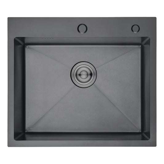 Ibergrif Lavello da cucina a ciotola singola in acciaio inox fatto a mano con 2 fori,lavello residenziale in acciaio inossidabile 304 con kit di scarico e filtro a cestello,55x45x19cm Nero