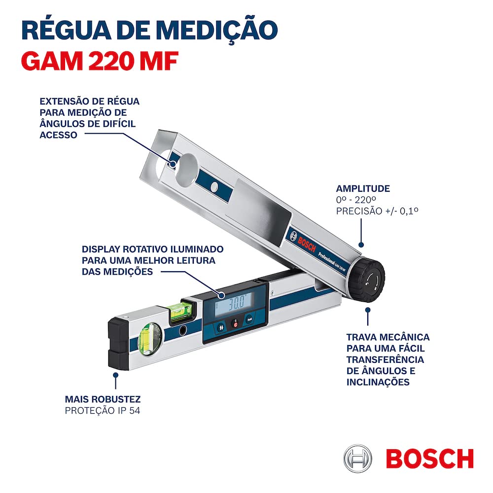 Bosch Professional Goniometro GAM 220 MF (Calcolo Degli Angoli, Campo di Misura: 0 - 220º, Lunghezza: 40 cm)