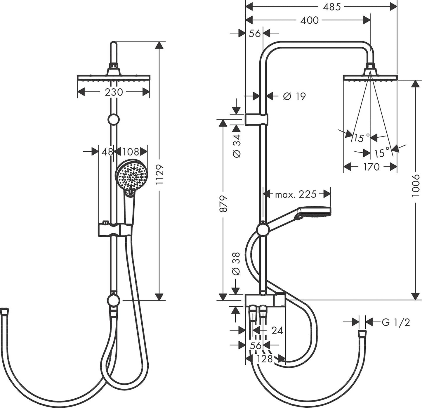 hansgrohe Vernis Shape - Colonna doccia senza miscelatore, Sistema doccia (230 x 170 mm) con deviatore, doccetta, tubo, asta e soffione doccia quadrato, cromo, 26282000