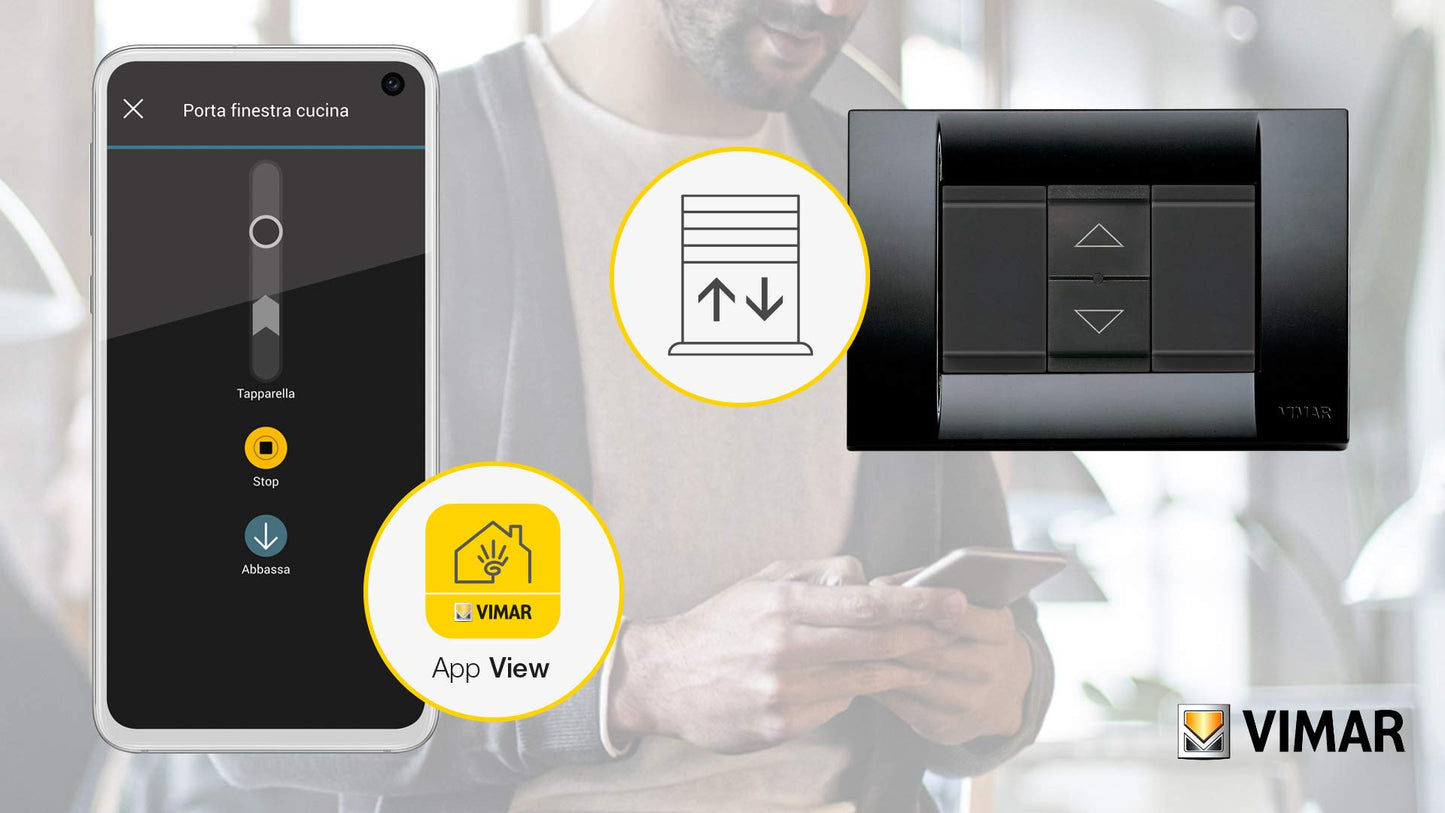Vimar 16494 Idea Comando connesso VIEW Wireless con uscita a relè, per tapparella con lamelle orientabili, controllo da remoto, doppia tecnologia Bluetooth 5.0 e Zigbee 3.0, Grigio