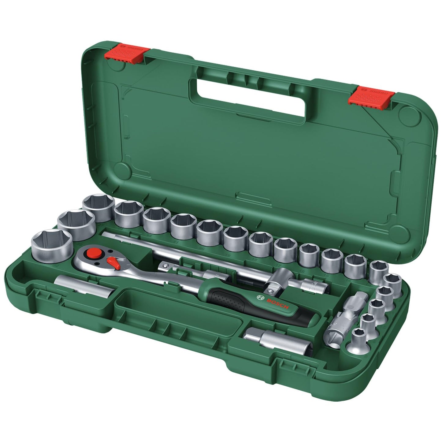 Bosch Set di cricchetti da 1/2" da 25 pezzi (potente cricchetto da 1/2" per lavori di bricolage, coppia elevata fino a 768 Nm, pulsante di bloccaggio, interruttore di direzione, collo curvo, custodia)